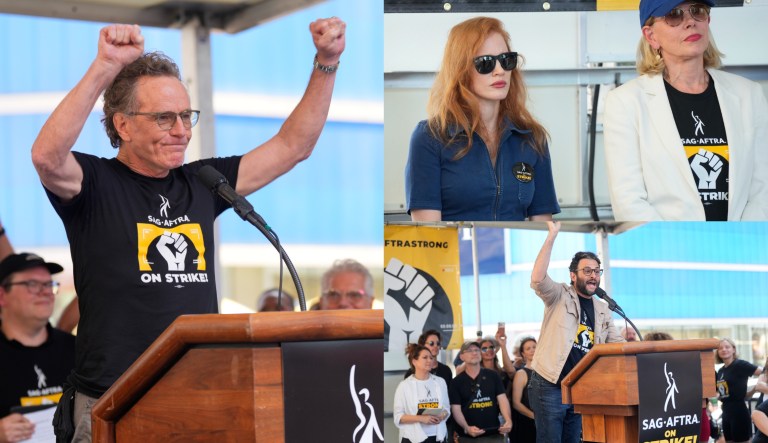 Actor Bryan Cranston, left, actresses Jessica Chastain and Christine Baranski, top right, and actor Arian Moayed, bottom right.