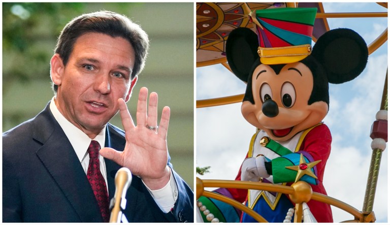 Gov. Ron DeSantis (R-FL) in Tokyo, Japan on April 24, 2023 and Mickey Mouse at Magic Kingdom Park at Walt Disney World Resort in Lake Buena Vista, Florida, on Friday, April 22, 2022.