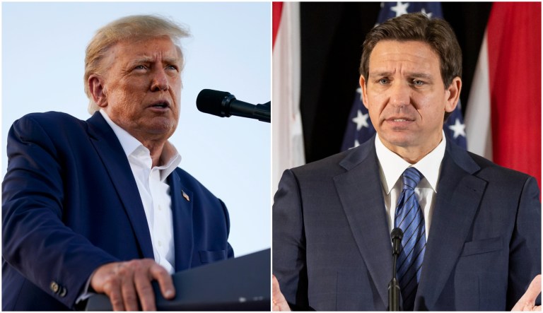 From left to right: Former President Donald Trump speaking at a rally in Waco, Texa,s on March 25, 2023, and Gov. Ron DeSantis (R-FL) speaking at a press conference in Miami on March 27, 2023.