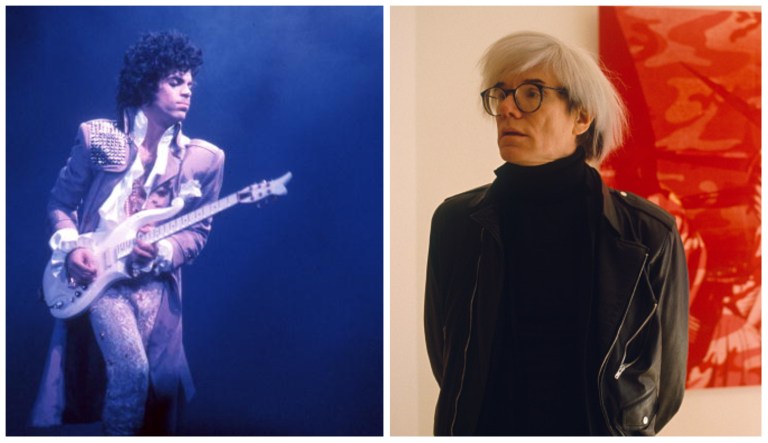 At left, Prince in 1985; at right, Andy Warhol circa 1970.