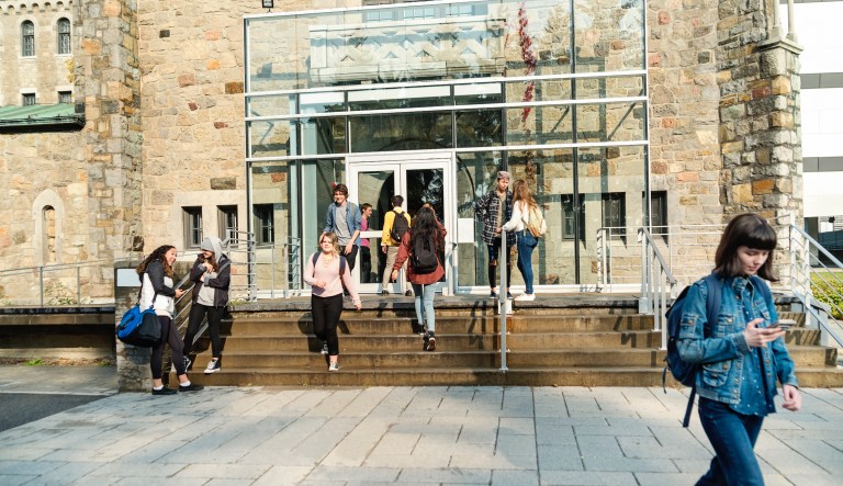 Medium group of multi-ethnic students going in and out of University-College entrance. 