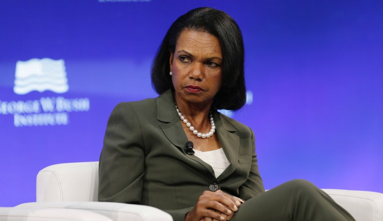 Former U.S. Secretary of State Condoleezza Rice participates in a panel discussion at a forum sponsored by the George W. Bush Institute in New York, Thursday, Oct. 19, 2017.
