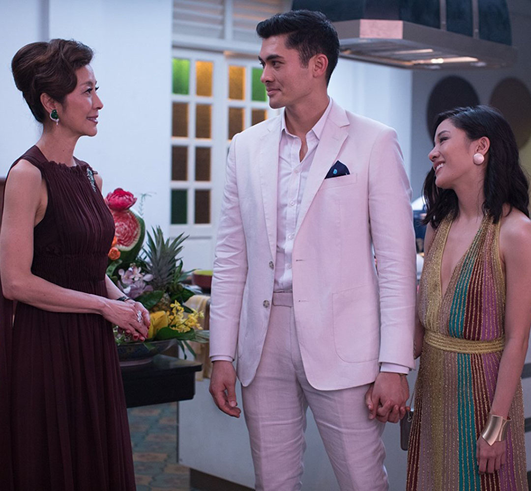 Henry Golding as Nick, Constance Wu as Rachel, and Michelle Yeoh as Nick’s mother in ‘Crazy Rich Asians’