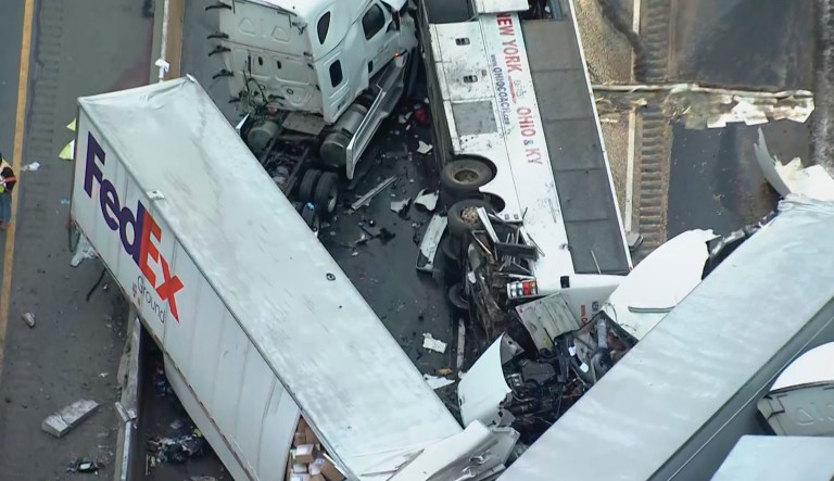 This image from video provided by KDKA TV shows the scene near Greensburg, Pa. along the Pennsylvania Turnpike where at multiple people were killed and dozens were injured in a crash early Sunday, Jan. 5, 2020 that involved multiple vehicles, a transportation official said. 