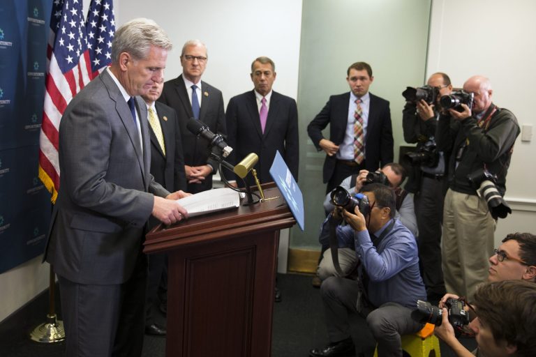 When House Majority Leader Kevin McCarthyÂ announced he would drop out of the speaker race, the microphones weren't even working in the room.Â (AP Photo/Evan Vucci)