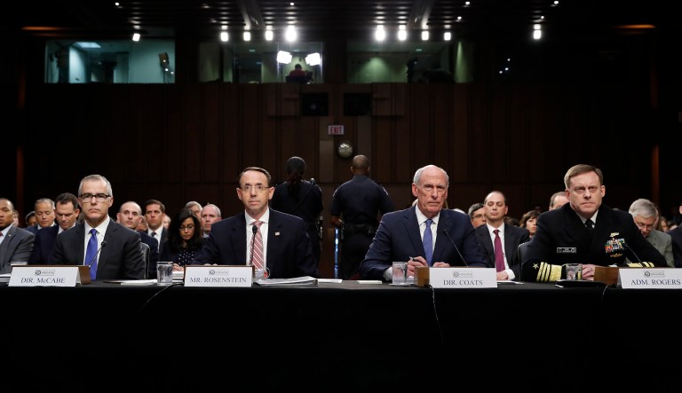 From left, Acting FBI Director Andrew McCabe, Deputy Attorney General Rod Rosenstein, National Intelligence Director Dan Coats, and National Security Agency Director Adm. Michael Rogers testify at a Senate Intelligence Committee hearing about FISA. (AP Photo/Alex Brandon)