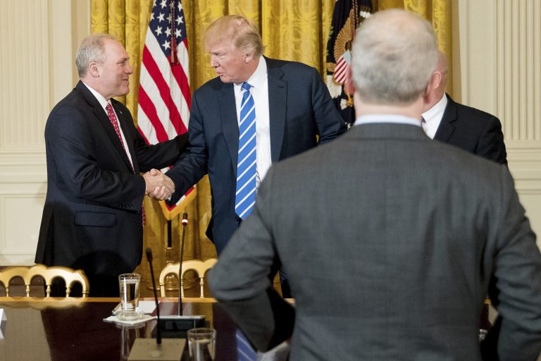President Trump shakes hands with House Majority Whip Steve Scalise of La. as he arrives in the East Room of the White House on March 7. During the campaign, Trump's agenda had included a constitutional amendment imposing term limits on members of Congress. However, Trump has stayed silent on the proposal since winning the election. (AP Photo/Andrew Harnik)