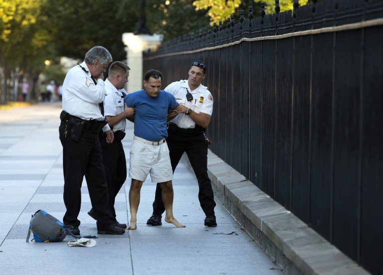   A man is taken into custody by uniformed Secret Service Police on Pennsylvania Avenue outside the White House on Monday, Sept. 16, 2013, in Washington. The Secret Service arrested the man for tossing lit firecrackers over the White House fence. (AP Photo/ Evan Vucci)  
