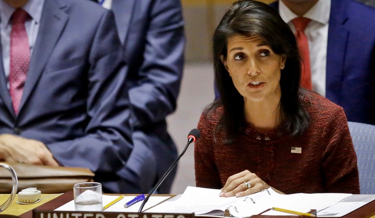 U.S. United Nations Ambassador Nikki Haley address the United Nations Security Council, during the U.N. General Assembly, Thursday Sept. 21, 2017 at U.N. headquarters. (AP Photo/Bebeto Matthews)