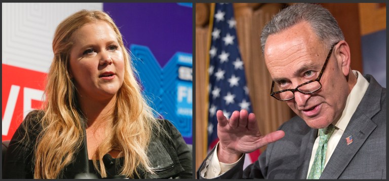 This photo combo of file images shows comedian and actress Amy Schumer, left, and New York Democratic Sen. Chuck Schumer. The Schumers, who are cousins, teamed up in 2015, to call for tighter gun control. (AP Photo)