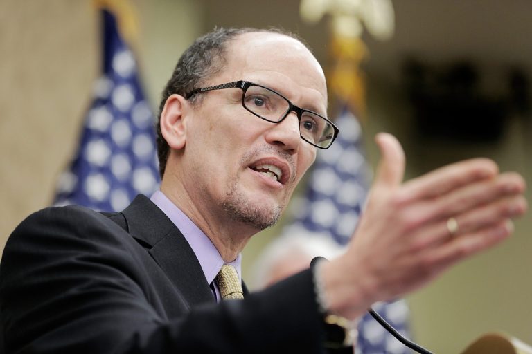 WASHINGTON, DC - APRIL 03:  Secretary of Labor Thomas Perez speaks during a stop of the 'Give America a Raise' bus tour at the U.S. Capitol Building on April 3, 2014 in Washington, D.C.  (Photo by T.J. Kirkpatrick/Getty Images)