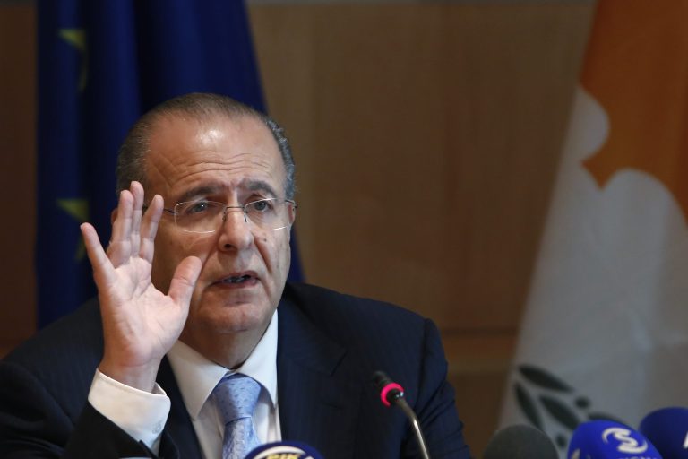 Cyprus Foreign Minister Ioannis Kasoulides speaks to the media at the foreign house in divided capital of Nicosia, Monday, Oct. 6, 2014. Cyprus' foreign minister says Turkey's stated intention to search for oil and gas in waters where the ethnically-split island nation has licensed an Italian-South Korean consortium to drill could upset reunification talks. (AP Photo/Petros Karadjias)