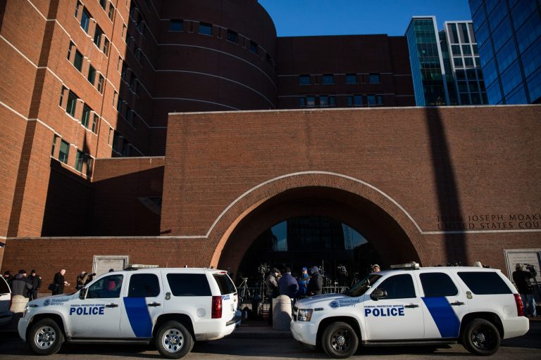 Media gather outside the John Joseph Moakley United States Courthouse, where jury selection began today in the case against Dzhokhar A. Tsarnaev, the suspected Boston Marathon bomber. (Getty/Andrew Burton)