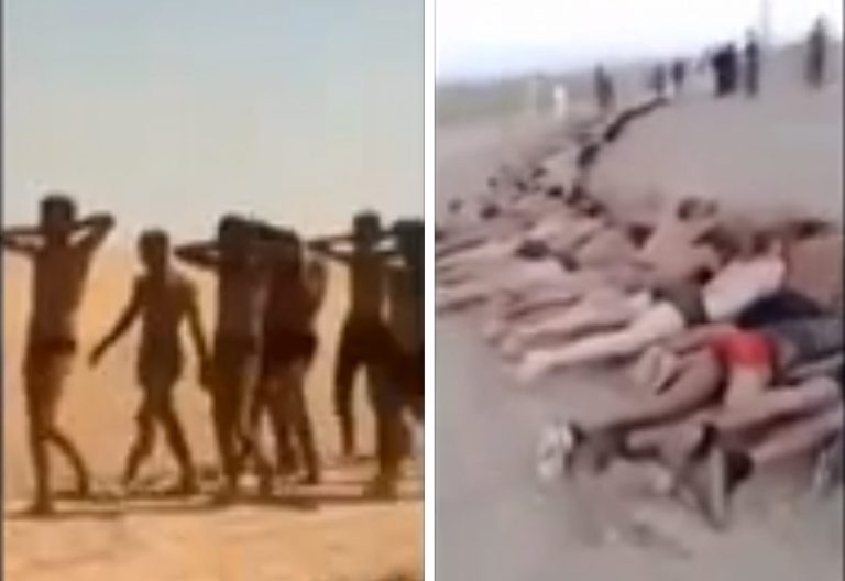 This undated photo combo taken from a video by the Islamic State group, a Syrian opposition group, which has been verified and is consistent with other AP reporting, shows still images of government soldiers captured near Tabqa, Syria according to a statement posted online and circulated on Twitter by supporters of Islamic State group.  The photo to the left shows what the extremist group said were the soldiers stripped down to their underwear marching in the desert. The photo to the right shows more than 150 men apparently killed.   (AP Photo/ The Islamic State group)