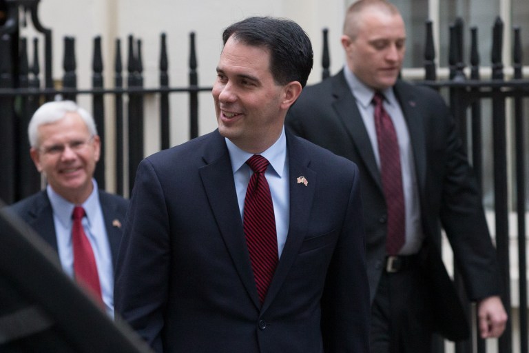 Wisconsin Gov. Scott Walker leaves after a meeting with Britain's Chancellor of the Exchequer George Osborne at No 11 Downing Street, the Chancellor's official residence, in London, England, Wednesday. (AP/Tim Ireland)