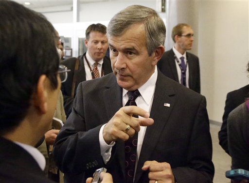 FILE - In a Tuesday, Nov. 13, 2012 file photo, Sen. Mike Johanns, R-Neb. speaks with reporters on Capitol Hill in Washington. Johanns announced Monday, Feb. 18, 2013 that he will not seek re-election in 2014, explaining he wants a 