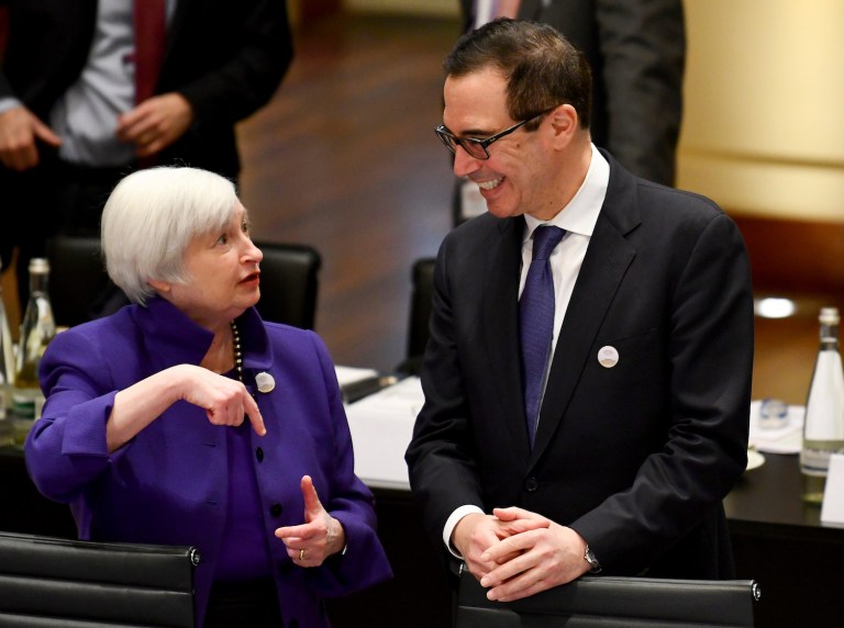 Fed chairwoman met with Steven Mnuchin, Gary Cohn, Jeb Hensarling and Mike Crapo in February. (Uwe Anspach/dpa via AP)
