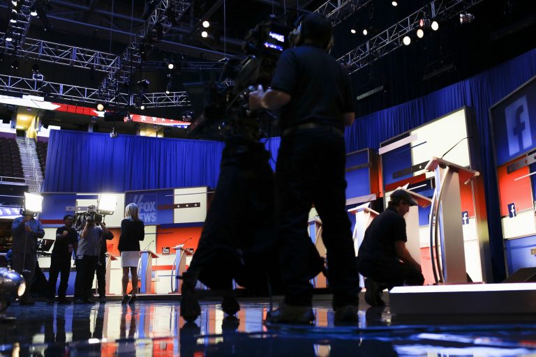Workers prepare the stage at Quicken Loans Arena in Cleveland, Thursday, Aug. 6, 2015, before the first Republican presidential debate. (AP Photo)Â 
