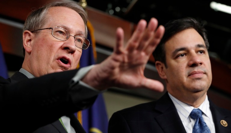 Rep. Bob Goodlatte, R-Va., and Rep. Raul Labrador, R-Idaho, have introduced a bill instituting stronger border security and more significant changes to immigration policy — something that is anticipated to rile Democrats ahead of the next spending showdown. (AP Photo/Jacquelyn Martin)