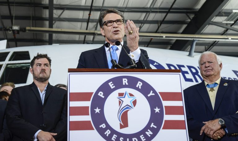 Former Texas Gov. Rick Perry speaks to supporters after announcing the launch of his presidential campaign for the 2016 elections in Addison,Texas, on June 4, 2015. (AP Photo/Tim Sharp)
