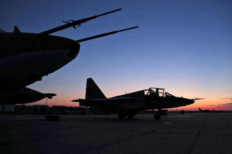 Russian Su-25 ground attack jets are parked after returning from Syria, at a Russian air base in Primorsko-Akhtarsk, southern Russia, Wednesday, March 16, 2016. (Olga Balashova/Russian Defense Ministry Press Service via AP)