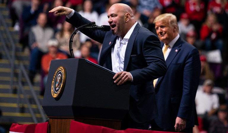 President Donald Trump looks on as Ultimate Fighting Championship president Dana White speaks during a campaign rally at The Broadmoor World Arena, Thursday, Feb. 20, 2020, in Colorado Springs, Colo.                                                                                        