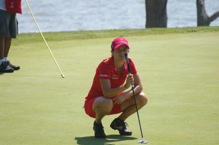  Dewi Claire Schreefel of the Netherlands is the clubhouse leader midway through the second round of the Kingsmill Championship despite incurring a 2-stroke penalty because she replaced her ball after it rolled on the green as she was lining up a putt. She has yet to make a birdie through two rounds. / Photo by Kevin Dunleavy 