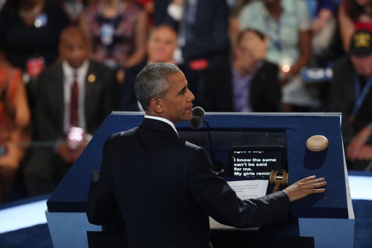 Toward the end of his speech, President Obama said: "Anyone who threatens our values, whether fascist, communist, Jihadist or homegrown demagogues, will always fail in the end." (Victor J. Blue/Bloomberg)