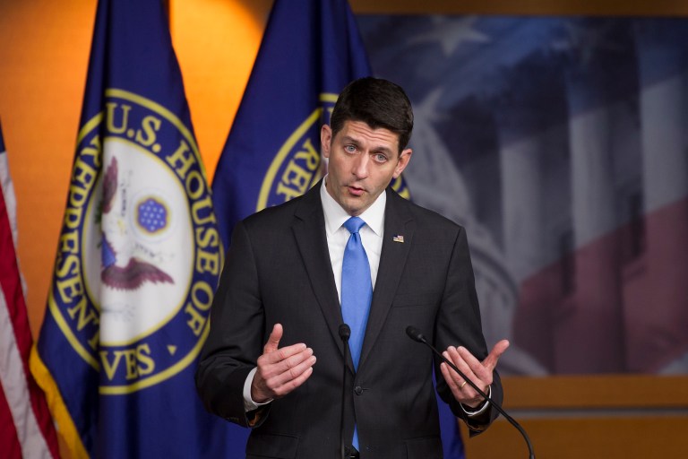 House Speaker Paul Ryan, a product of the conservative movement who has helped shape the modern Republican agenda, is refusing to fall in line behind his party's new leader — at least for now. (AP Photo/Cliff Owen)
