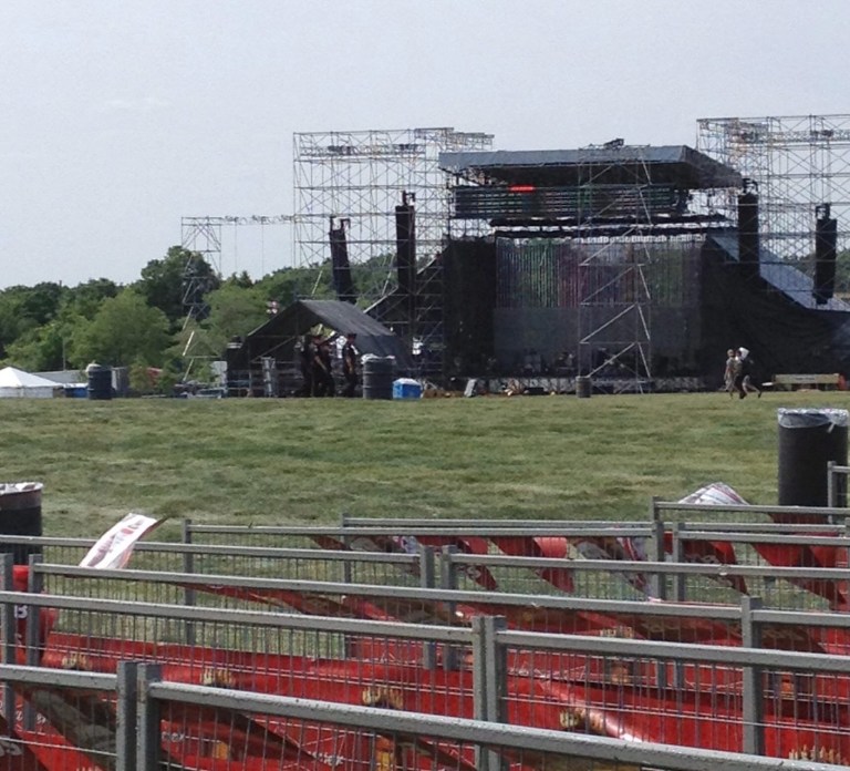   This photo provided by Alexandra Mihan shows a stage before it collapsed at the site for a Radiohead concert at Downsview Park in Toronto on Saturday, June 16, 2012. Toronto paramedics say one person is dead and another is seriously hurt after the stage collapsed while setting up for a Radiohead concert. They say two other people were injured and are being assessed. (AP Photo/Alexandra Mihan via The Canadian Press)  