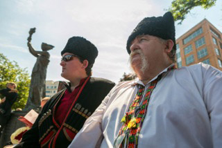 Anatoli Sienczenko, right, Anatoli Sienczenko Jnr, wear Black Sea Cossack uniforms, while attending a commemoration service for the Victims of Communism, in Washington D.C, June 12. 2015.Â (Graeme Jennings/WEX)