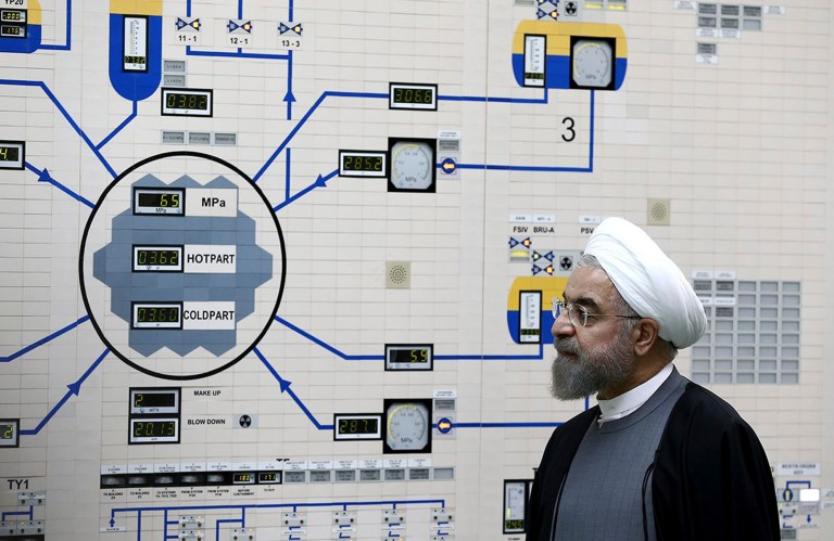 In this photo released by the Iranian Presidency Office, President Hassan Rouhani visits the Bushehr nuclear power plant just outside the port city of Bushehr, southern Iran, Tuesday, Jan. 13, 2015. (AP Photo/Iranian Presidency Office, Mohammad Berno)