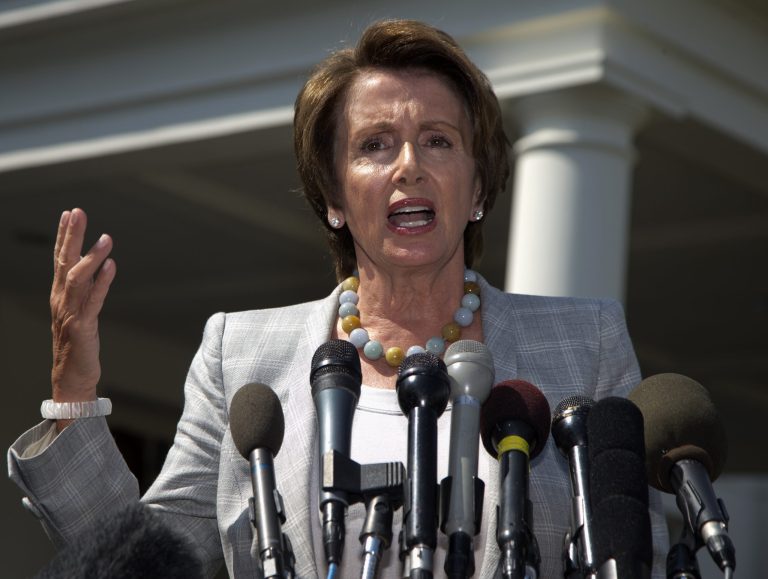 House Minority Leader Nancy Pelosi of Calif. speaks to reporters outside the West Wing of the White House in Washington, Tuesday, Sept. 3, 2013, following a meeting between President Barack Obama and Congressional leaders to discuss the situation in Syria. (AP Photo/Carolyn Kaster)