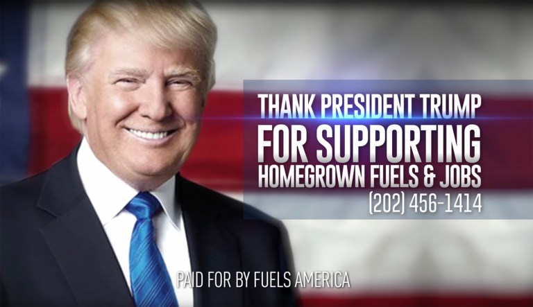 Fuels America, a biofuel interest group, bought air time thanking President Trump ahead of its Tuesday meeting with him to discuss the Renewable Fuels Standard. (screenshot)