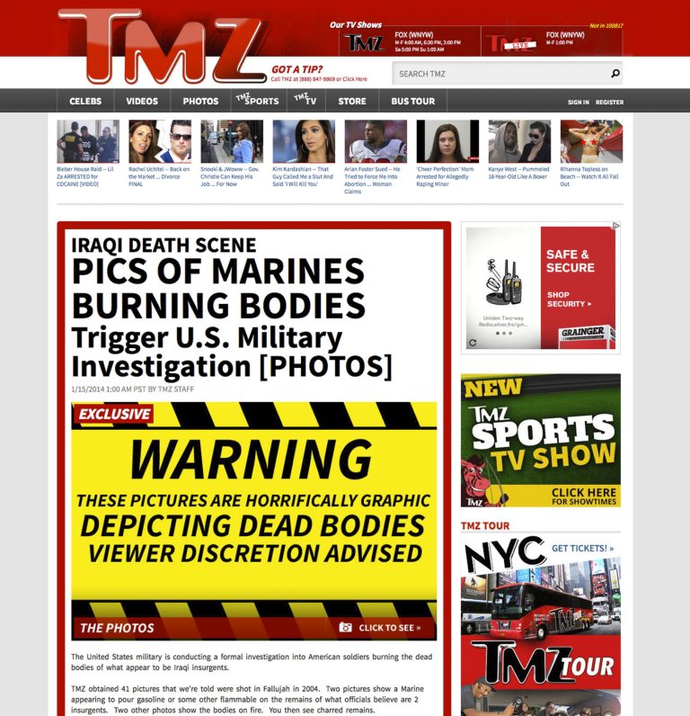 This Wednesday, Jan. 14, 2014 screenshot shows the TMZ website with their story about U.S, military members burning bodies. The U.S. Marine Corps said Wednesday, Jan. 15, 2014, it is attempting to determine the authenticity of photos published by TMZ.com that the entertainment website says show Marines appearing to burn bodies of dead Iraqi insurgents in Fallujah in 2004. (AP Photo)