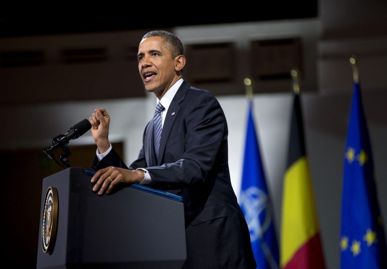 President Obama speaks at the Palais des Beaux-Arts on Wednesday in Brussels, Belgium. (AP/Pablo Martinez Monsivais)