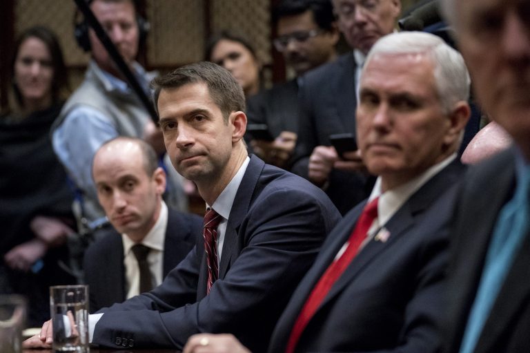 From left, President Donald Trump's White House Senior Adviser Stephen Miller, Sen. Tom Cotton, R-Ark., and Vice President Mike Pence, attend a meeting with President Donald Trump on immigration in the Roosevelt Room at the White House, Thursday, Jan. 4, 2018, in Washington. (AP Photo/Andrew Harnik)