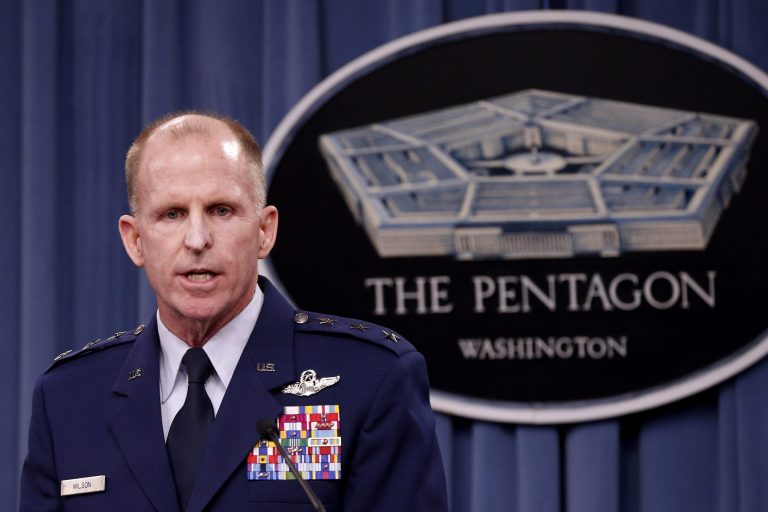 Air Force Global Strike Command (AFGSC) Commander Lt. Gen. Stephen Wilson speaks to reporters at the Pentagon, Thursday, March 27, 2014. The Air Force is firing nine mid-level commanders and disciplining dozens of junior officers at a nuclear missile base in response to an exam-cheating scandal that spanned a far longer period than originally reported. (AP Photo/Charles Dharapak)