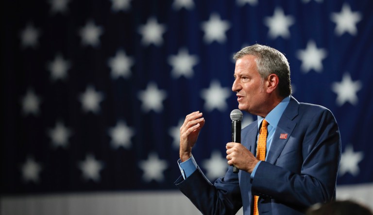 Democratic presidential candidate New York City Mayor Bill de Blasio speaks at the Presidential Gun Sense Forum, Saturday, Aug. 10, 2019, in Des Moines, Iowa. 