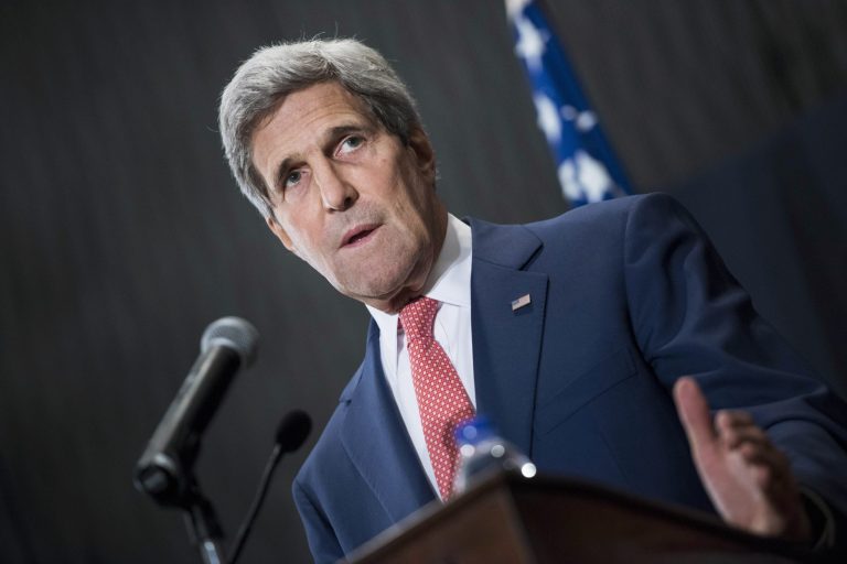 U.S. Secretary of State John Kerry speaks during a joint press conference with Egyptian Foreign Minister Sameh Shukri in Cairo, Egypt, on Saturday. Kerry described Egypt as an 