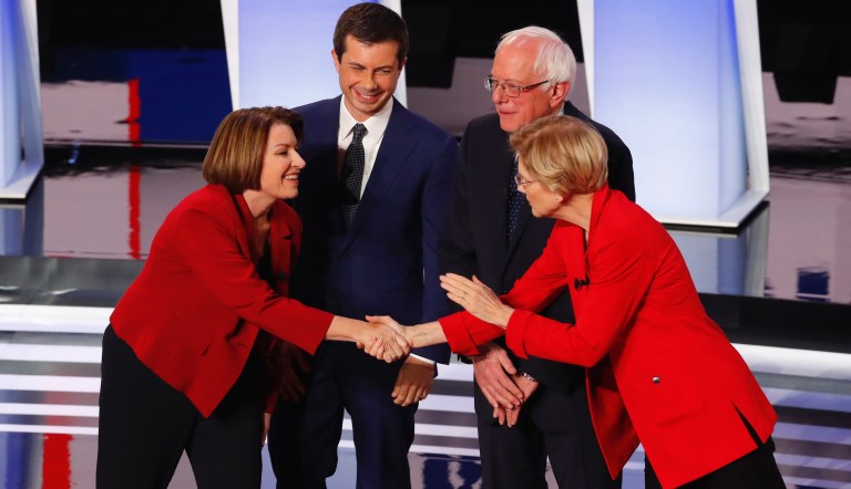 Sen. Amy Klobuchar, D-Minn., from left, South Bend Mayor Pete Buttigieg, Sen. Bernie Sanders, I-Vt., and Sen. Elizabeth Warren, D-Mass., greet each other before the first of two Democratic presidential primary debates hosted by CNN Tuesday, July 30, 2019, in the Fox Theatre in Detroit. 
