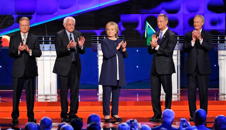 Democratic presidential candidates from left, former Virginia Sen. Jim Webb, Sen. Bernie Sanders, of Vermont, Hillary Rodham Clinton, former Maryland Gov. Martin O'Malley, and former Rhode Island Gov. Lincoln Chafee take the stage before the CNN Democratic presidential debate Tuesday, Oct. 13, 2015, in Las Vegas.