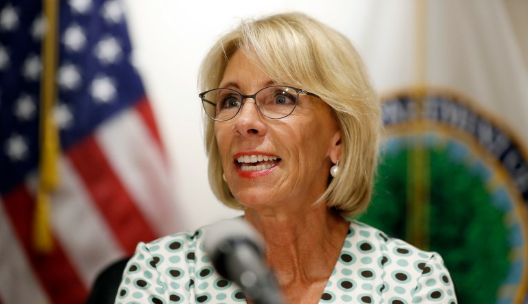 Education Secretary Betsy DeVos speaks with the media after a series of listening sessions about campus sexual violence, Thursday, July 13, 2017, in Washington.