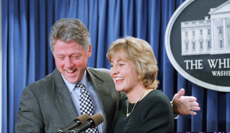Former President Bill Clinton along with White House press secretary Dee Dee Myers. Myers explained in a March 1993 interview that the White House went with live, on-camera briefings to the press for a few weeks, but stopped because the live briefings weren't 