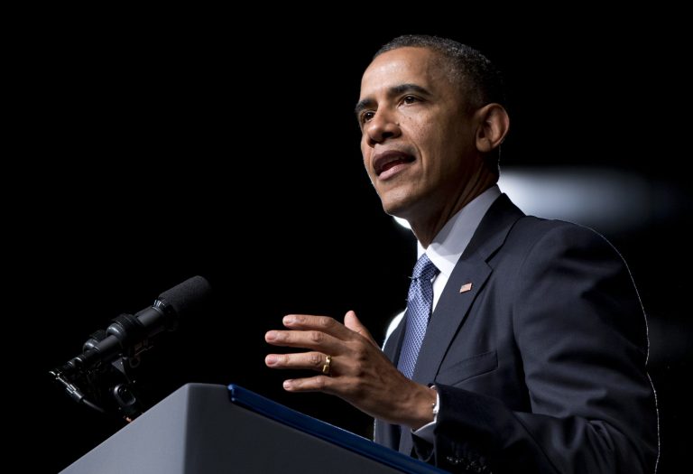 President Barack Obama speaks at the LBJ Presidential Library, Thursday, April 10, 2014, in Austin, Texas, during the Civil Rights Summit to commemorate the 50th anniversary of the signing of the Civil Rights Act. (AP Photo/Carolyn Kaster)