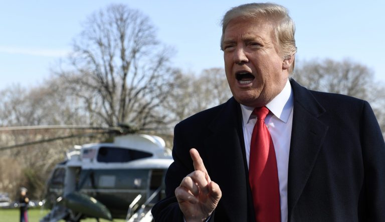 President Donald Trump talks with reporters before boarding Marine One on the South Lawn of the White House in Washington, Thursday, March 28, 2019, for the short trip to Andrews Air Force Base in Maryland. Trump is traveling to Michigan to speak at a rally before spending the weekend at his Mar-a-Lago estate in Florida. 