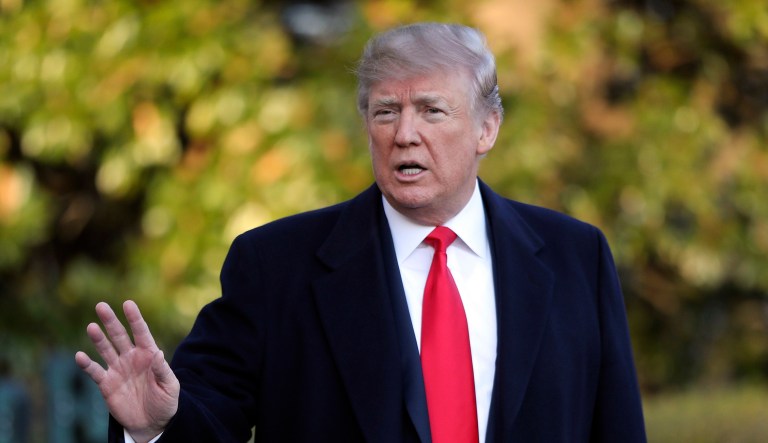 U.S. President Donald Trump stops to make remarks to members of the media before walking across the South Lawn of the White in Washington, Saturday, March 10, 2018, to board Marine One for the short trip to Andrews Air Force Base, Md. Trump is traveling to Pennsylvania for a campaign event for Republican congressional candidate Rick Saccone.