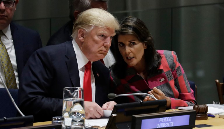 President Trump talks to Nikki Haley, the U.S. ambassador to the United Nations, at the United Nations General Assembly, Monday, Sept. 24, 2018, at U.N. Headquarters.