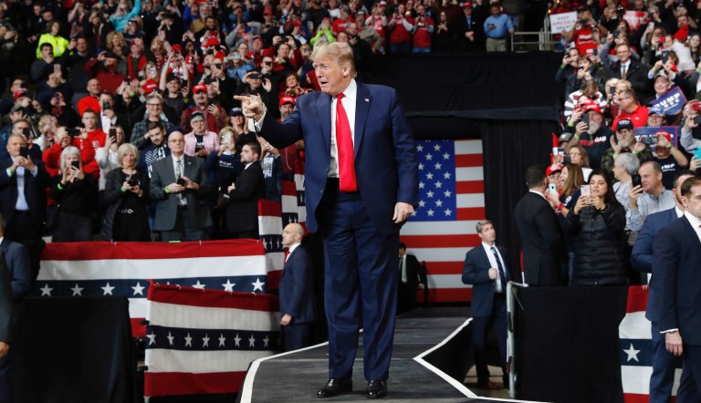 President Donald Trump arrives to speak at a campaign rally, Thursday, Jan. 9, 2020, in Toledo, Ohio. 