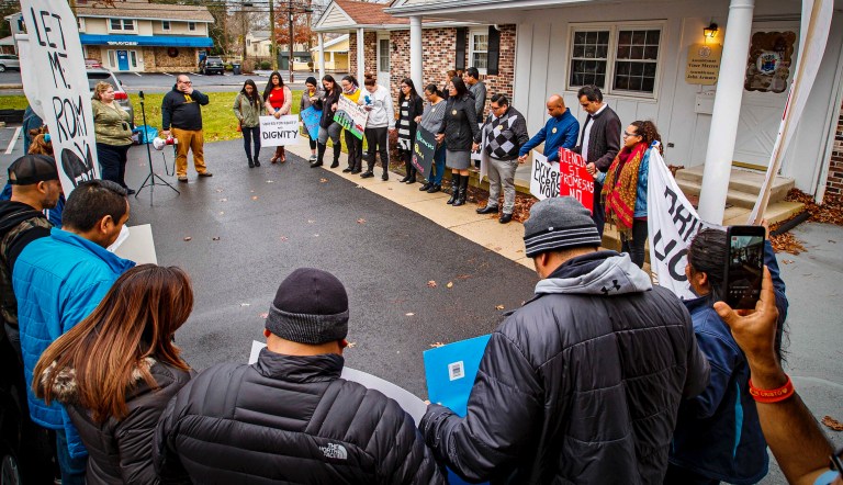 This Tuesday, Dec. 10, 2019 photo shows a rally with demonstrators calling for driver's license for immigrants, outside the the offices of New Jersey Assemblyman Vince Mazzeo and Assemblyman John Armato, in Northfield, N.J. New Jersey lawmakers are set to vote on legislation Monday, Dec. 16, 2019 to permit immigrants who cannot prove they're in the country legally to obtain drivers licenses.